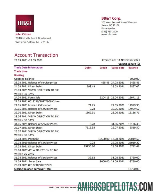 Modelo de extrato bancário da USA North Carolina BB&T Corp. para download em formato Excel e PDF